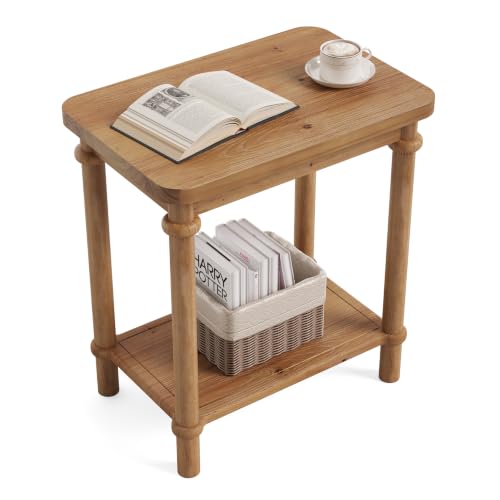 LITTLE TREE Solid Wood End Table, 25.6 H Narrow Side Table w/2-Tier Shelves, Narrow End Table with Round Edges, Small Wood Side Tables for Living Room Bedroom Bathroom Entryway(15.75" D x 23.62" W)