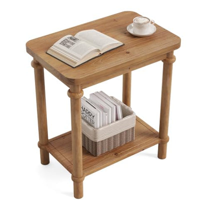 LITTLE TREE Solid Wood End Table, 25.6 H Narrow Side Table w/2-Tier Shelves, Narrow End Table with Round Edges, Small Wood Side Tables for Living Room Bedroom Bathroom Entryway(15.75" D x 23.62" W)