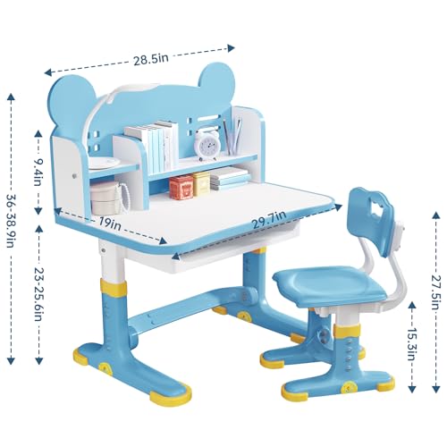 Kids Desk and Chair Set, Height Adjustable Child's School Study Writing Tables, Kids Desk with Bookstand and Storage Drawer, Widened Desktop with Desktop for Boys and Girls (Blue-F) - color: Blue-f