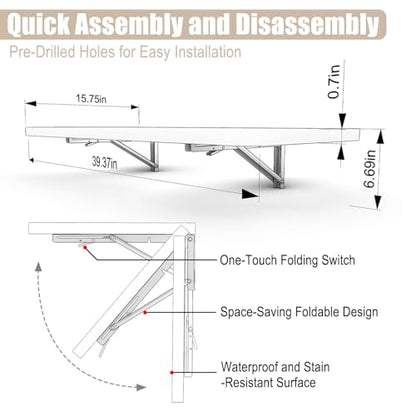 Wall Mounted Folding Table 40"x 16" with Removable Heavy-Duty Brackets Support Up to 200 Pounds Folding Desk for Small Space Home Laundry Room Office Rv Suitable for Solid Wall (Grey Marble Pattern) - color: Grey Marble Pattern