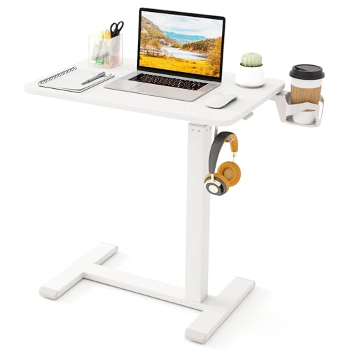 Tangkula Mobile Standing Desk, Pneumatic Height Adjustable Rolling Desk with Cup Holder & Headphone Hook, Overbed Table with Hidden Wheels, Laptop Computer Cart for Couch, Home, Office (White) - color: White