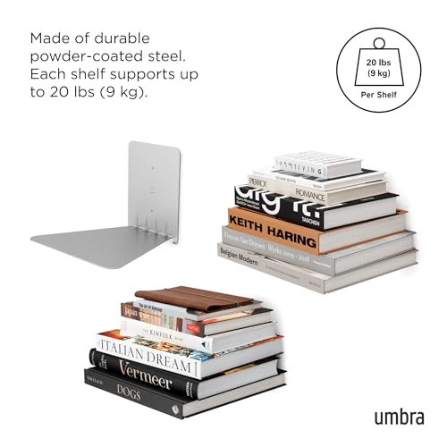 Umbra Conceal, Sturdy Metal Floating Bookshelf for Wall, Silver, Large, Set of 3 - size: Set of 3, Large