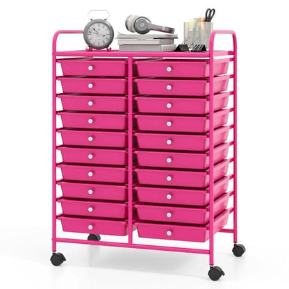 DREAMADE Rolling Cart with Storage Drawers, Utility Cart w/Removable Plastic Drawers, Lockable Wheels, Art Cart for Classroom Organization Art Supplies Office Scrapbook (20 Drawers, Hot Pink) - color: Hot Pink, style: 20 Drawers