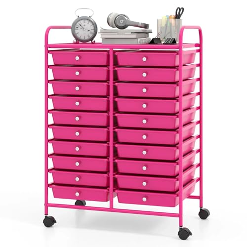 DREAMADE Rolling Cart with Storage Drawers, Utility Cart w/Removable Plastic Drawers, Lockable Wheels, Art Cart for Classroom Organization Art Supplies Office Scrapbook (20 Drawers, Hot Pink) - color: Hot Pink, style: 20 Drawers