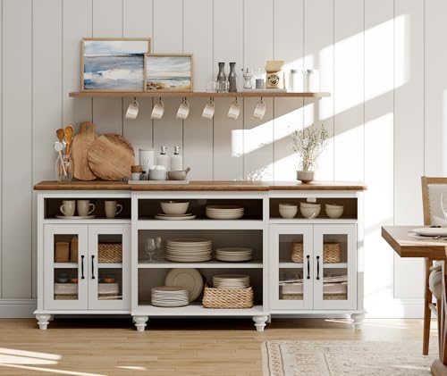 WAMAPT Buffet Cabinet with 4 Glass Doors, Large Coffee Bar Tables Wood Kitchen Storage Cabinets with 9 Storages, Modern Farmhouse Sideboard Credenza, Antique White, 70 inch - color: White