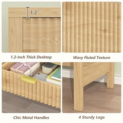 YOMILUVE Fluted Computer Desk with 2 Drawers, 39 Inch Small Computer Desk with Storage, Compact Writing Study Desk for Small Spaces - color: Oak