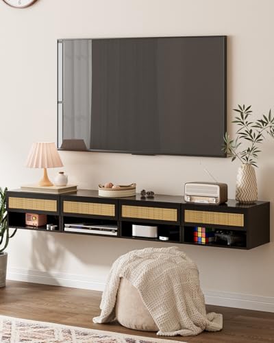 Floating Nightstand With Drawer - Small Modern Shelves for Bedroom, Bathroom (Black Rattan) - color: Black Rattan