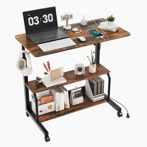 FCH 31.5" Mobile Small Standing Desk, Adjustable Height Mobile Computer Desk, w/2 AC Outlets + 3 USB Ports & Hooks, Storage Shelves, Suitable for Gaming, Studying, Home Office, Vintage Brown - color: White, size: 31.5+Power Sockets
