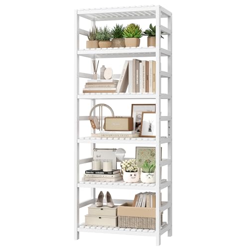 FOTOSOK 6-Tier Bamboo Shelf with Adjustable Shelves, Bamboo Kitchen Cabinet | Tall Bamboo Bookshelf and Plant Shelf with 250-lb Shelf Capacity for Laundry Bathroom Kitchen Pantry Home Office - color: White