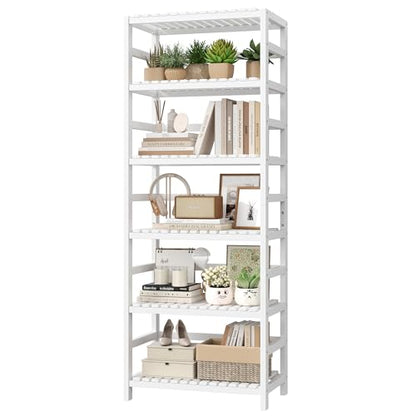 FOTOSOK 6-Tier Bamboo Shelf with Adjustable Shelves, Bamboo Kitchen Cabinet | Tall Bamboo Bookshelf and Plant Shelf with 250-lb Shelf Capacity for Laundry Bathroom Kitchen Pantry Home Office - color: White