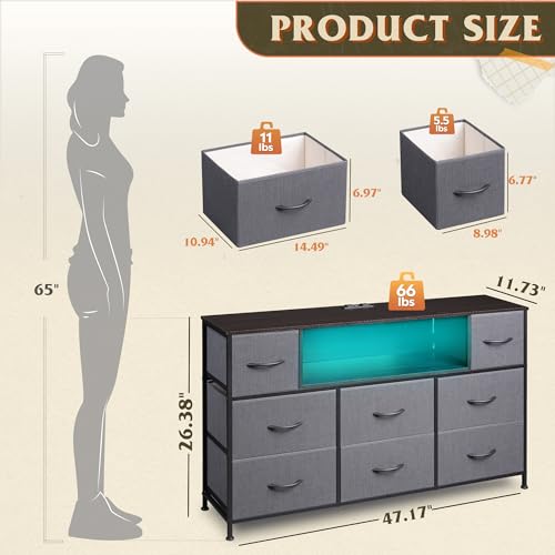 WLIVE Grey Dresser TV Stand for 45, 50, 55 inch TV, Entertainment Center with LED Lights & Charging Station, Chest of Drawers with 8 Fabric Drawers and Open Storage Shelves for Living Room, Hallway - color: Dark Gray