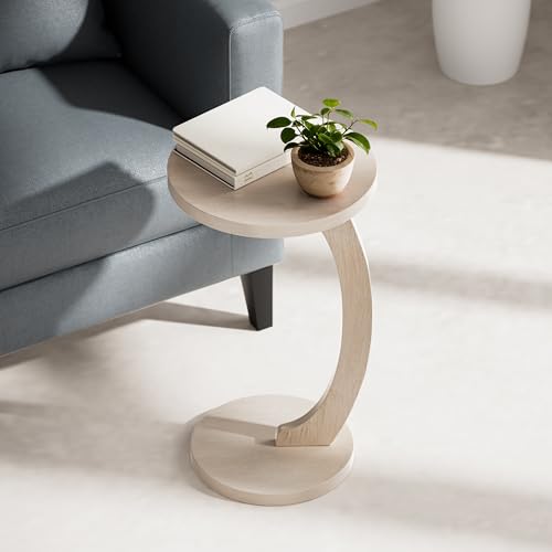 COZAYH C Shaped Round End Table for Couch Small Place, Space Saver Side Table for Sofa, Living Room, Bedside Area, Coffee and Eating Snack Tray, White - color: White