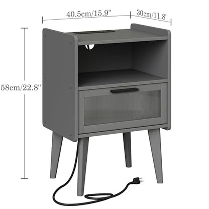 MMEOLUOOK Nightstand with Charging Station, Bedside Tables Grey End Table Side Table with 2 Tiers Storage Space, for Bedroom Living Room CAMLBZ07ZE - color: Grey