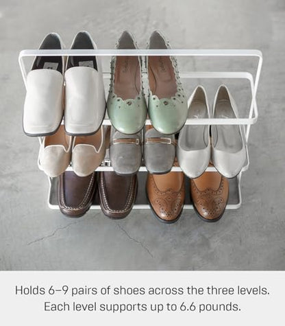 YAMAZAKI Home Tower Compact Modern Metal Shoe Rack - Short, 18" - Steel - Holds 6 To 9 Shoes - color: White, size: Wide, style: Modern