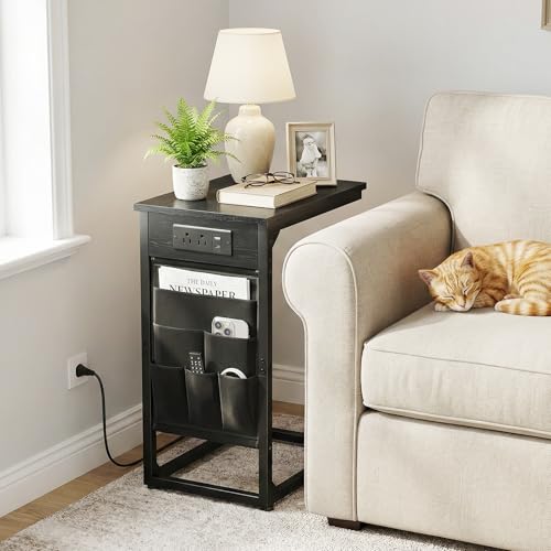 AMHANCIBLE C Shaped End Table with Charging Station, Couch Side Tables that Slide Under Sofa with Storage Bag, Slim TV Tray with USB Ports for Living Room, Bedroom, Black, HET04CBK - color: Black