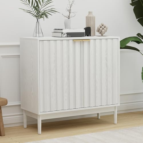 Otterease Fluted Cabinet with Storage, Buffet Cabinet Sideboard with Door, Kitchen Buffet Storage Accent Cabinets with Adjustable Shelves for Living Room, Entry, Hallway, White - color: White, size: 14.2"D x 31.5"W x 31.9"H