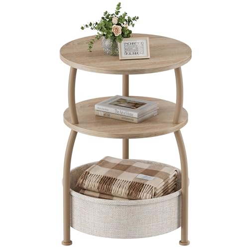 Round Side Table with Storage Basket, End Table Living Room | 3-Tier Bedside Table, Corner Table for Small Room, Bedroom, Garden, 15.75in Couch Side Table with Cat Bed, Accent Table - color: Light Oak, size: 15.75" Dia