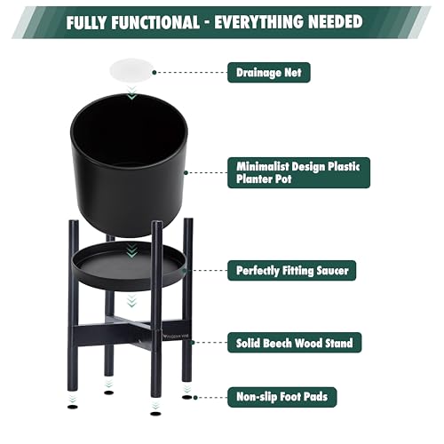 D'vine Dev Plastic Pot with Ebony Wood Stand, Black, 10 in, 55-C-N-2 | Mid-Century Inspired Design, Elevated Plant Display, Clean Lines, Sturdy Support, Modern Space-Saving Style - color: Matte Black Pot + Ebony Stand, size: 10 Inch