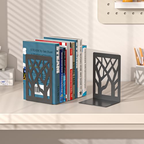 VFINE 6-Piece Modern Metal Bookends for Shelves, Black Tree Book Ends for Books, Decorative Book Organizer for Desk, Non-Skid Shelve Bookends for Home Office - style: Black bookend 3 pairs