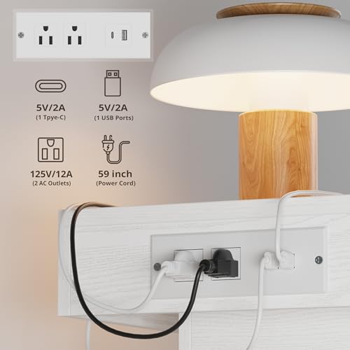 LIKIMIO Nightstand with Charging Station LED Light and 2 Drawers White | bedside table; end table; charging station; LED light; 2 drawers; White wood grain; small spaces - color: White
