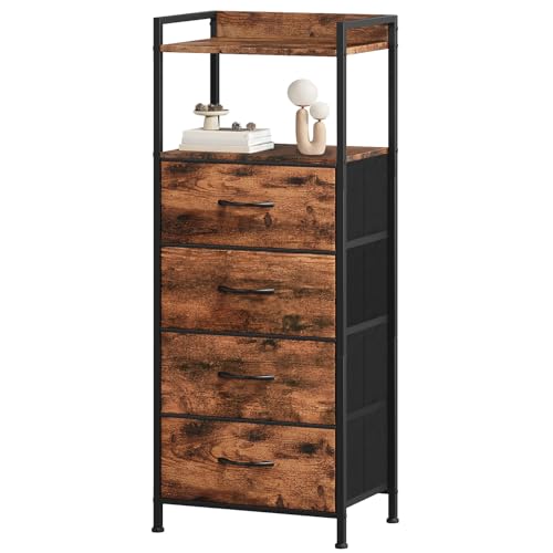Somdot Nightstand with 4 Drawers, Vertical Storage Tower Fabric Dresser for Bedroom, Night Stand Bedside Table Furniture, Sturdy Steel Frame, Wooden Top & Easy Pull Fabric Bins, Wood Grain Print - color: Wood Grain Print, size: 11.4"D x 15.2"W x 36.3"H (4