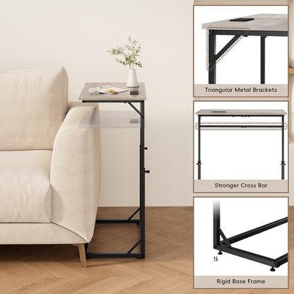 Vagusicc C Shaped End Table with Charging Station, C-Table End Table Adjustable Height Side Table for Couch, Large Couch Table, Slide Under Couch Table TV Tray Table for Sofa,Living Room,Bedroom, Grey - color: Greige, style: With Plug