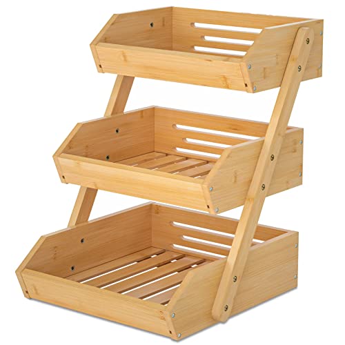 Merysen 3-Tier Bamboo Fruit Basket for Kitchen Countertop, Self-assembly | Large Fruit Holder Stand, Suitable for Bread, Snacks, Vegetables, Produce, Home Storage and Display - size: 3 Tier Bamboo