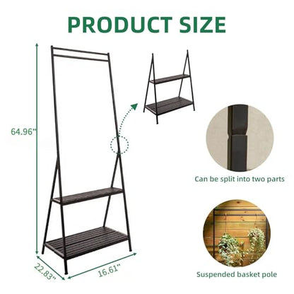 Hanging Plant Stand Folding Plant Stand 2 Tier Ladder Shelf with Hanging Rod Height Adjustable Flower Pot Display Organizer for Balcony Porch Living Room