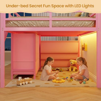 BTHFST Low Loft Bed Twin Size with 3 Storage Drawers, 3-Tier Kids Bookshelf, 5 Open Cubbies and 2 LED Lights Strips, Metal Kids Loft Bed with High Safety Guardrail, Inclined Ladder and Play Area - color: Pink
