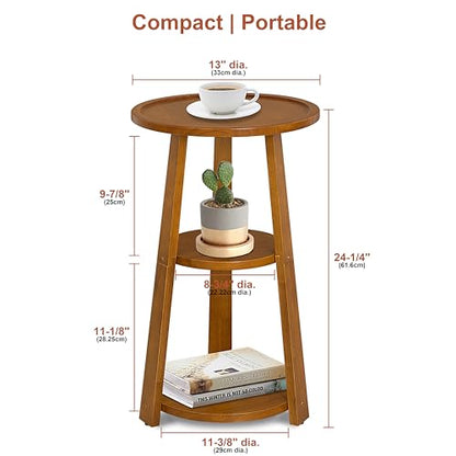 Small Round Side Table, Solid Wood 3-Tier End Table for Small Spaces, 13 Inch Compact Drink Table, Round Wood Side Table for Living Room & Bedroom, Amber Brown - color: Amber Brown