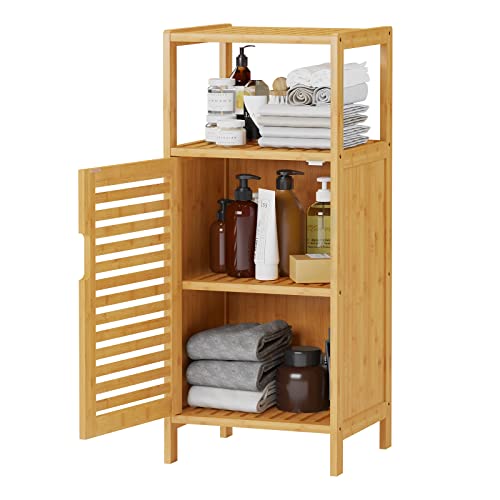 VIAGDO Bamboo Cabinet, Bathroom Storage Cabinet with Single Door and Shelf, Freestanding Bathroom Cabinet, Kitchen Cupboard, Sofa Side Table for Living Room/Hallway/Kitchen