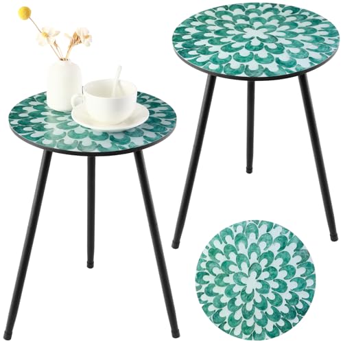 2 Pack Metal Mosaic Round Side Tables 13.4" Small Outdoor Patio Round Accent Coffee Tables Indoor Corner Stand for Small Spaces Weather-Resistant for Balcony Plant Stands Indoor, Green Floral Mandala - color: Green Floral Mandala, style: 2 packs/ 13.4 in