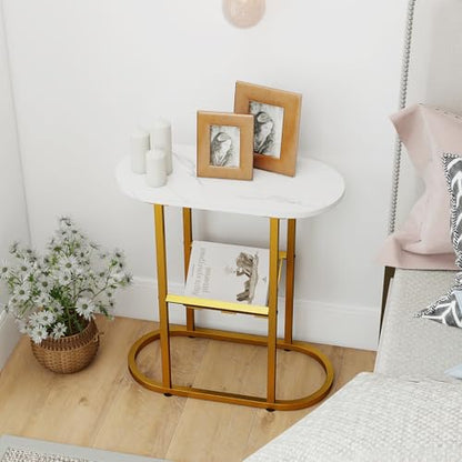 Tangkula Oval Narrow Side Table, 2-Tier End Table with Mesh Magazine Rack, Steel Frame, Industrial Nightstand, Compact Sofa Bedside Table for Living Room Bedroom, White & Gold - color: White & Gold