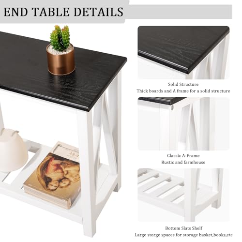 Farmhouse End Side Table Wood Frame Narrow Side Table with Shelves Black White Rectangular Night Stand Sofa Table for Couch, Small Spaces, Living Room, Bedroom - color: Black&white