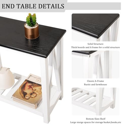 Farmhouse End Side Table Wood Frame Narrow Side Table with Shelves Black White Rectangular Night Stand Sofa Table for Couch, Small Spaces, Living Room, Bedroom - color: Black&white