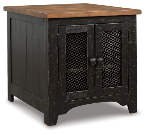 Signature Design by Ashley Distressed Two-Tone Wood Accent Side Table, Valebeck End Table with Cabinet, Casual Farmhouse Nightstand with Metal Wire Mesh Doors, Brown and Black - color: Black/Brown