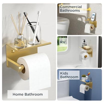 FORIOUS Toilet Paper Holder with Shelf, Adhesive or Screw Wall Mount Toilet Paper Roll Holder for Bathroom, 304 Stainless Steel Commercial Toilet Tissue Roll Dispenser with Phone Shelf (Brushed Gold) - color: Brushed Gold