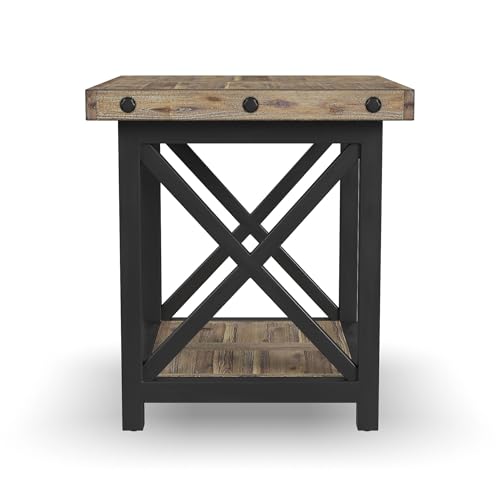 Flexsteel Craftsman Solid Acacia Wood End Table, Rustic Industrial with Lower Shelf, Hand Worked Metal Frame, Distressed Side Table Living Room Furniture, Farmhouse Nightstand (Light Brown)