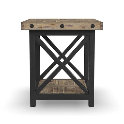Flexsteel Craftsman Solid Acacia Wood End Table, Rustic Industrial with Lower Shelf, Hand Worked Metal Frame, Distressed Side Table Living Room Furniture, Farmhouse Nightstand (Light Brown)