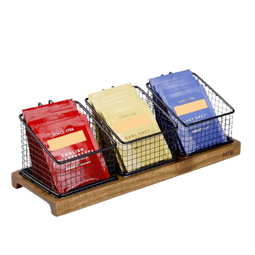 HTB Acacia Wood Tea Bag Organizer with 3 Removable Metal Baskets | Tea Bag Holder Box for Sugar Packets, Sweeteners, Creamers,Coffee Pods,Tea Storage Container for Countertop,Coffee Station - color: OGB-148