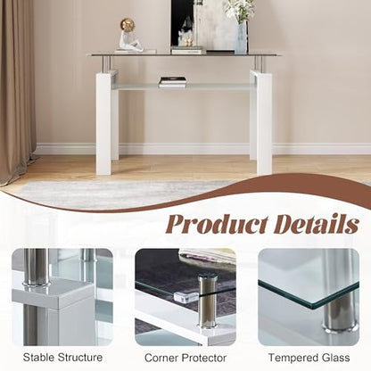 47" 2-Tier Console Table with Tempered Glass Top and MDF Frame, Modern White Rectangular Glass Entryway Table for Living Room, Apartment, Office, Easy to Assemble - color: White, size: Console Table