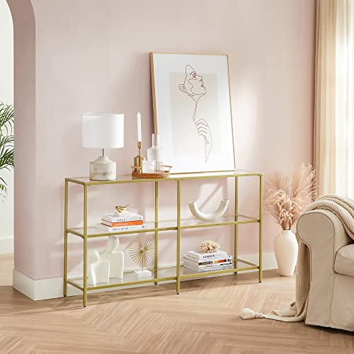 VASAGLE 51.2 Inch Console Table with 3 Shelves, Sofa Tables, Modern Entryway Table, Metal Frame, Tempered Glass Shelf, Entryway Living Room Bedroom, Metallic Gold and Transparent ULGT024A01 - color: Metallic Gold + Transparent, size: 51.2"W