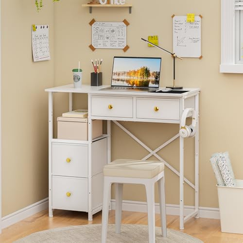 3IngSeagulls Small Computer Desk with 4 Fabric Drawers, Simple Writing Desk for Home Office, Compact Study Desks for Small Spaces, Kids Desk Study for Bedroom, White - color: White