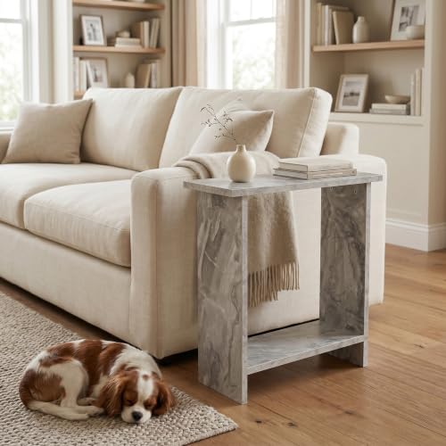 Narrow Side Table for Living Room, Slim End Table for Small Spaces Between Couch, Recliner or Armchair, 2 Tier Skinny Table with Open Shelf, Engineered Wood Sofa Beverage Thin Stand (White Marble) - color: White Marble