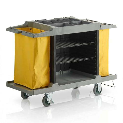 59” x 21” x 38” 3-Shelf Multifunctional Housekeeping Cart - Commercial Hotel Cart with 2 Vinyl Bags, 8 Top Compartments, Vacuum Bracket, Locking Casters for Janitorial and Room Service Use - 132 lb - size: Medium (3 Shelf)