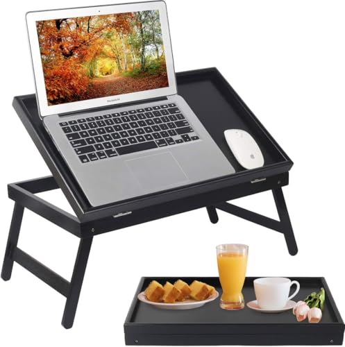 Artmeer Bed Tray Table Breakfast Food Tray with Folding Legs Kitchen Serving Tray for Lap Desks Notebook Computer Bed Platters TV Snack Tray, Adjustable (Black) - color: Black, size: Large