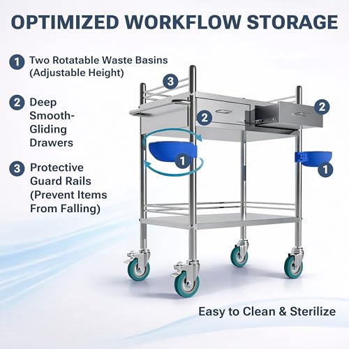*Improved & Upgraded* Medical Stainless Steel 2 Tier Rolling Cart with Wheels and Drawers | Dental Hospital Nursing Trolley | Easy-to-Disinfect Phlebotomy Mobile Workstation