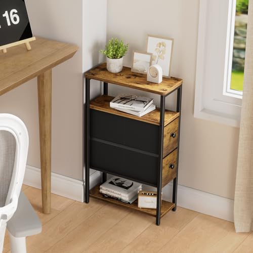 KLUVIS Narrow Nightstands Set 2 - Skinny Side Table Slim Night Stand for Small Space Bedroom Thin Bedsides Tables with 2 Drawers, Farmhouse Brown
