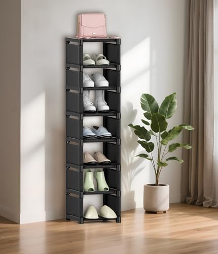 Narrow Shoe Rack 8 Tier, Slim Vertical Shoe Organizer for Small Spaces, Stackable Shoe Storage Shelf with Metal Frame & Fabric Shelves, Shoe Rack for Closet Entryway Bedroom