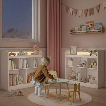 Lkeiyay Kids Bookshelf with LED Lights, Montessori Storage Unit, White | Freestanding open cubby kids bookcase with LED light, rounded safety edges, perfect for kids bedroom, playroom & nursery - color: All White